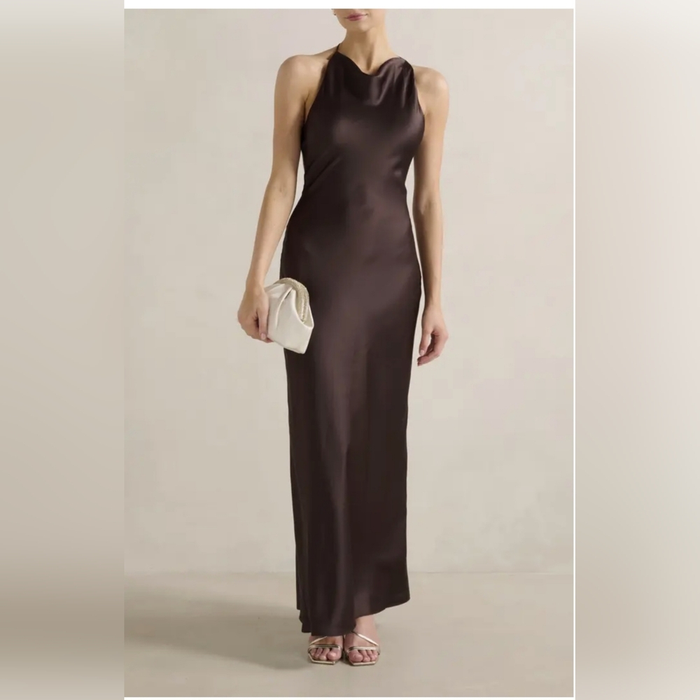 Chocolate Brown Satin Maxi Dress